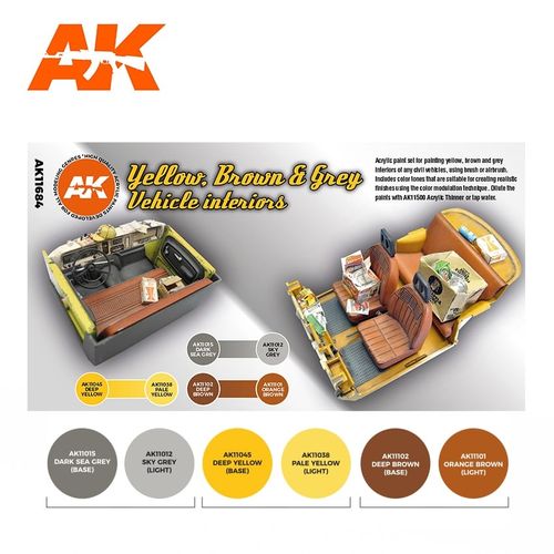 AK-Interactive AK 11684 YELLOW, BROWN & GREY VEHICLE INTERIORS SET